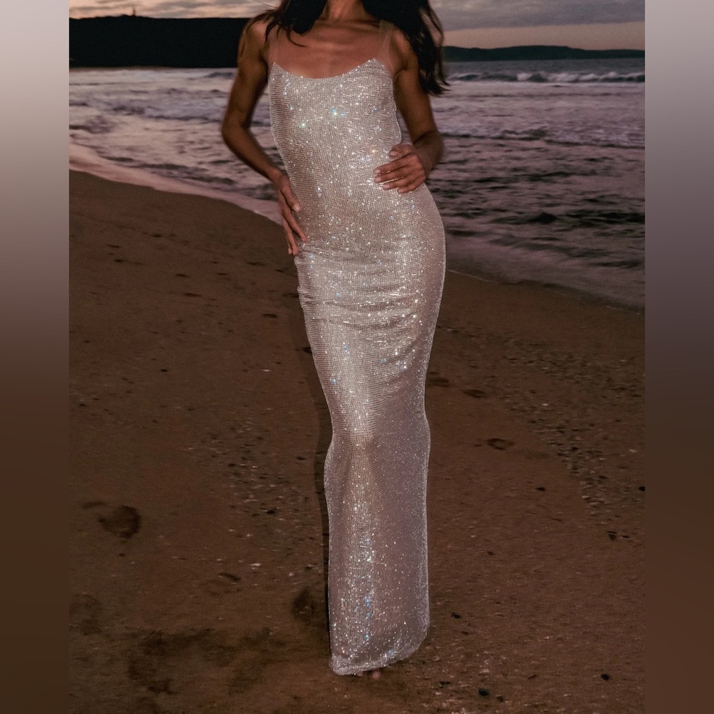 Jasmyn - Hot Fix Maxi Dress with Mesh Back - Nude (MESHKI)